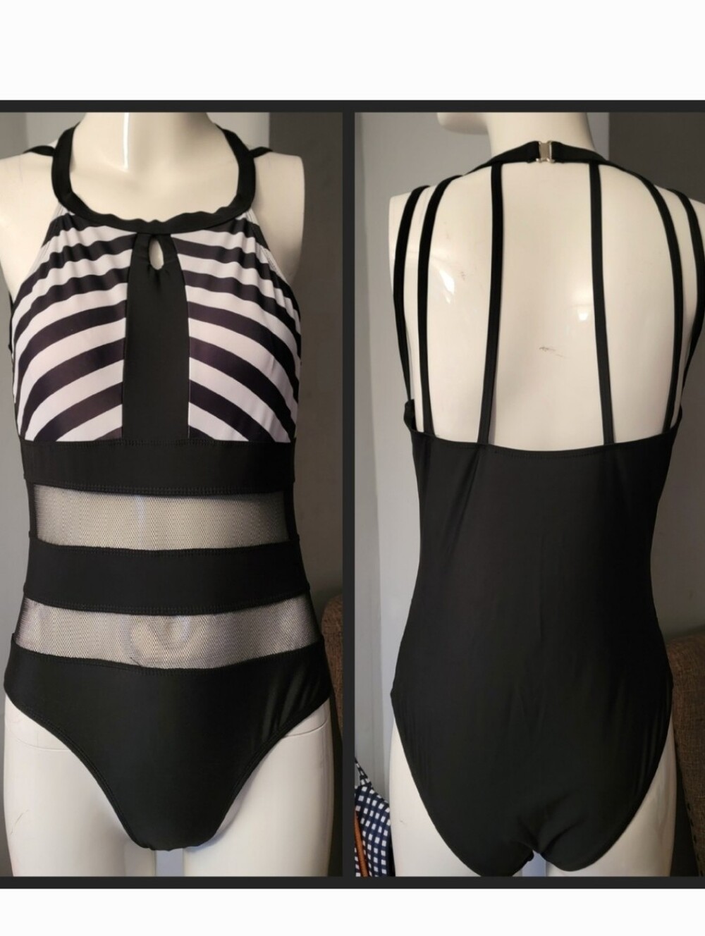 The Shein Black & White Mesh One Piece Swimsuit Size: L
